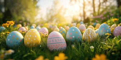 Colorful Easter eggs arranged in a sunny garden during springtime with blooming flowers photo
