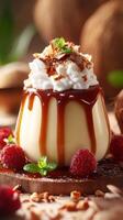Creamy dessert topped with caramel and fresh raspberries served in a delightful setting photo