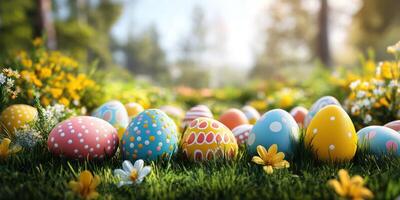 Colorful decorated Easter eggs scattered across a vibrant spring meadow under bright sunlight photo