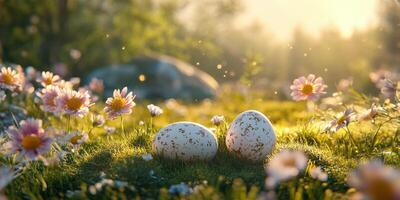 Sunny spring morning with speckled eggs resting among blooming daisies in a vibrant meadow photo