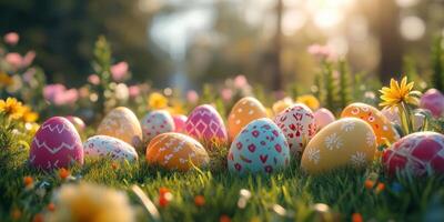 Colorful decorated Easter eggs scattered across a vibrant spring meadow filled with flowers in late afternoon sunlight photo