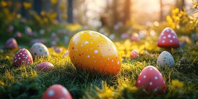 Colorful eggs scattered across a grassy field during a vibrant spring afternoon celebration photo