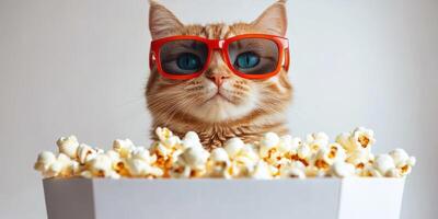Playful cat with blue eyes wearing red sunglasses sitting among a box of popcorn photo