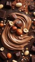 Creamy chocolate swirl with various nuts creates an enticing dessert display in a rustic setting photo