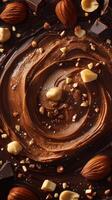 Rich chocolate swirl topped with nuts and cocoa, creating an inviting dessert background photo