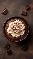 Rich chocolate dessert topped with whipped cream and chocolate shavings in a dark bowl photo