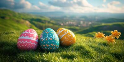 Colorful decorated Easter eggs resting on vibrant green grass with a scenic landscape in the background during a sunny day photo