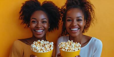 Friends enjoy popcorn and laughter against a vibrant yellow background during a joyful gathering at home photo