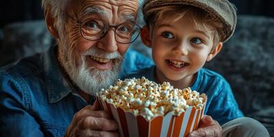 Grandfather and grandson enjoying popcorn together during a cozy movie night at home in the evening photo
