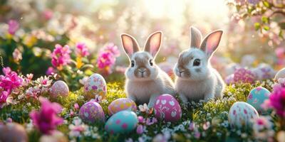 dos adorable conejos rodeado por vistoso Pascua de Resurrección huevos y floreciente flores en un soleado jardín foto