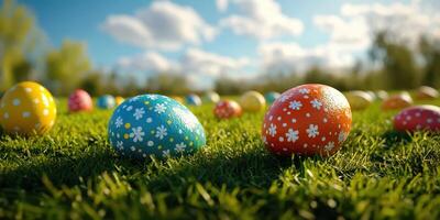 Colorful Easter eggs scattered across green grass in a bright outdoor setting during springtime photo