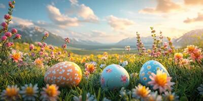Colorful decorated eggs nestled in a blooming meadow under a bright sky during springtime photo