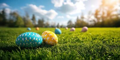 Colorful Easter eggs scattered on grassy field under a bright sky during springtime celebration photo