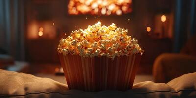 Popcorn fills a large bowl in a cozy living room, creating a warm atmosphere for movie night in the evening photo
