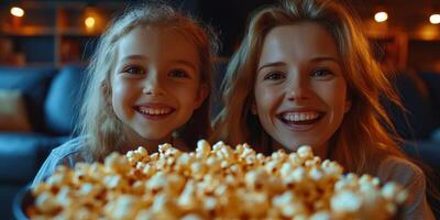 Enjoying a cozy movie night with popcorn between a mother and daughter at home in the evening photo