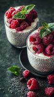 Delicious chia seed pudding topped with fresh raspberries and mint in a modern, cozy setting photo