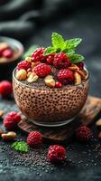 Delicious chia pudding topped with fresh raspberries and mint on a dark background photo