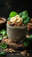 Chia seed pudding topped with bananas, spinach, and granola served in a glass with natural decor photo