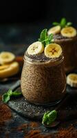 Delicious chia seed pudding with banana and mint displayed on a rustic table photo