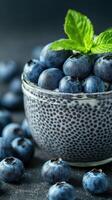 Delicious chia pudding topped with fresh blueberries and mint leaves captured in a vibrant kitchen setting photo
