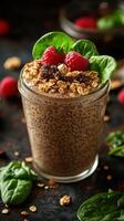 Creamy chocolate chia pudding topped with fresh raspberries and granola served in a glass photo
