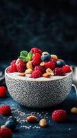 Healthy breakfast bowl with yogurt, berries, and nuts on dark background photo