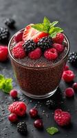 Delicious chocolate chia pudding topped with fresh berries and mint photo