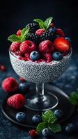 Delicious chia seed pudding topped with fresh berries in a stylish dessert glass at a modern kitchen setting photo
