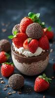 Delicious dessert with strawberries and chocolate truffles garnished with mint leaves on a dark background photo