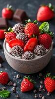 Delicious bowl of yogurt topped with fresh strawberries and chocolate truffles on a dark background photo