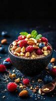 Delicious bowl of mixed berries, nuts, and granola served on a dark surface with scattered ingredients photo