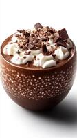 Creamy hot chocolate topped with whipped cream and chocolate shavings in a decorative bowl photo