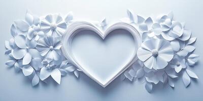 Elegant white paper flowers arranged in a heart shape on a soft gray background, perfect for decorative purposes and crafts photo