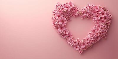 Pink cherry blossoms arranged in a heart shape on a soft pastel background for a romantic or spring theme photo