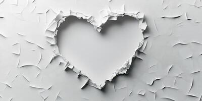 Torn paper heart shape revealing a blank background with texture and depth in a creative art composition photo