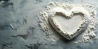 Heart-shaped flour design on a textured surface created during baking preparations in a cozy kitchen photo