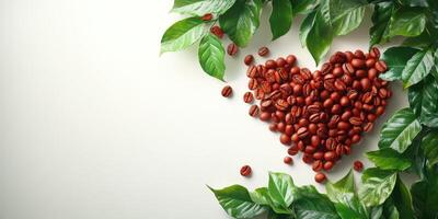 Heart-shaped arrangement of coffee beans surrounded by fresh green leaves on a light background photo