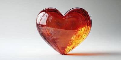 Heart-shaped glass sculpture in warm amber tones, reflecting soft light on a light background photo