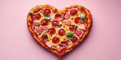 Delicious heart-shaped pepperoni pizza topped with fun toppings on a pastel pink background perfect for celebrations photo