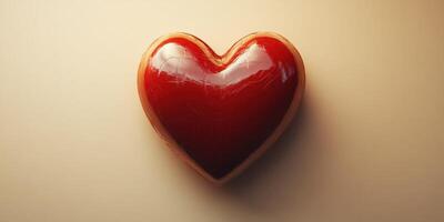 Heart-shaped object with a glossy red finish positioned on a smooth surface, creating a striking visual appeal and symbolizing love photo