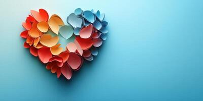 Colorful paper heart arrangement showcasing creativity and love on a soft blue background photo
