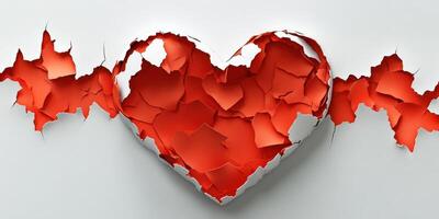 Creative depiction of a heart made from torn red paper against a white background illustrating love and emotion photo