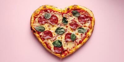 Heart-shaped pizza with pepperoni and basil on pink background creates a delightful culinary treat for special occasions photo