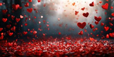 Heart shapes fall gracefully from above, creating a romantic atmosphere in a dreamy setting photo