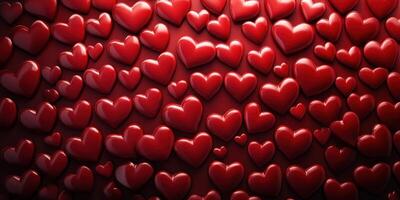 Vibrant collection of glossy red hearts on a deep red background creating a warm and romantic atmosphere photo