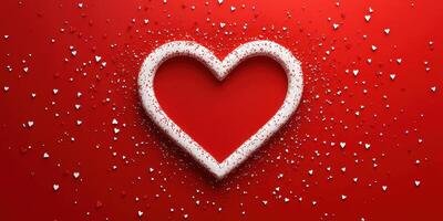 Heart-shaped decoration surrounded by small red and white hearts on a vibrant red background photo