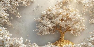 Decorative golden tree with white blossoms and floral accents in a serene, light-toned setting photo