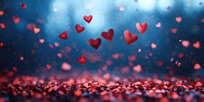 Floating red hearts create a romantic atmosphere in a dreamy blue setting with shimmering confetti photo