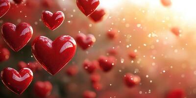 Floating red hearts create a romantic atmosphere with a warm golden background photo