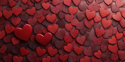 Red heart shapes scattered on a textured surface create a romantic atmosphere for celebration or decoration photo